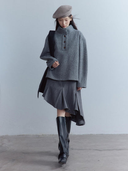 FUSSED Soft Wool Blend Aline Irregular Hem Stand Collar Sleeveless Grey Midi Dresses