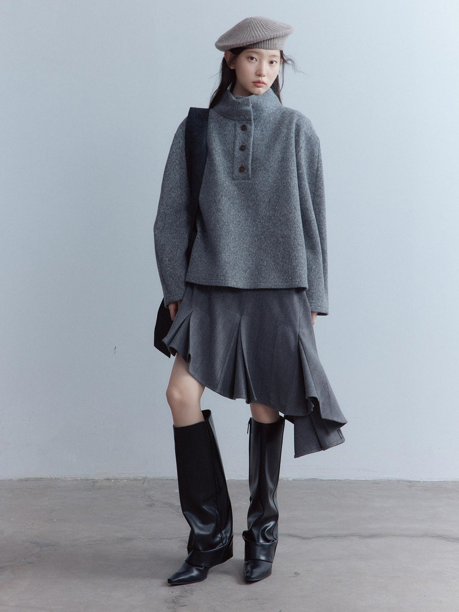FUSSED Soft Wool Blend Aline Irregular Hem Stand Collar Sleeveless Grey Midi Dresses