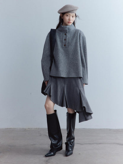 FUSSED Soft Wool Blend Aline Irregular Hem Stand Collar Sleeveless Grey Midi Dresses