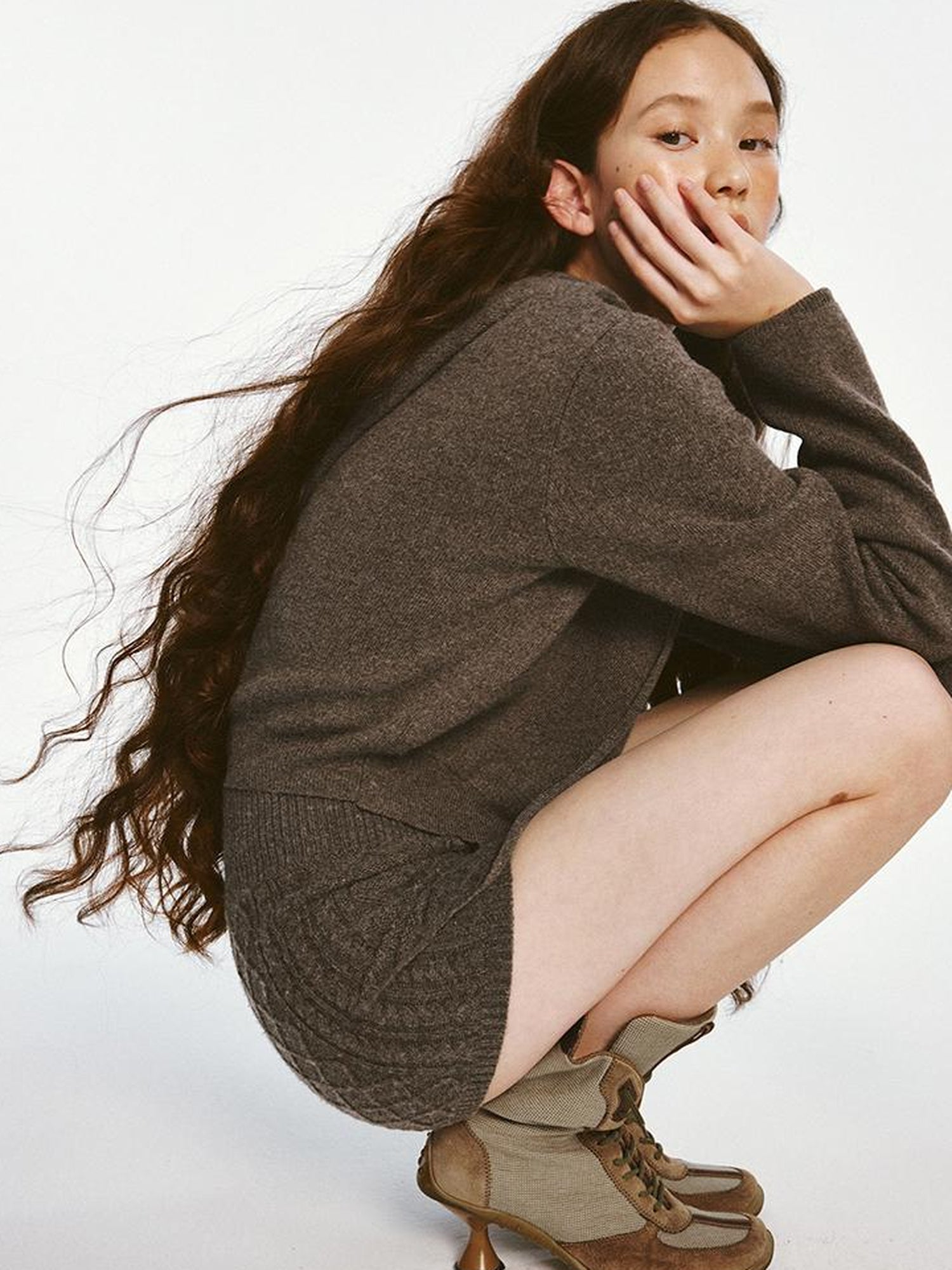 FUSSED Sporty Daily Lamb Wool Mocha Brown Sweater Set