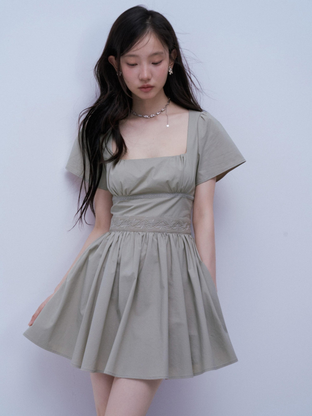 FUSSED Square Neck Patchwork Waist Cinch A Line Women&