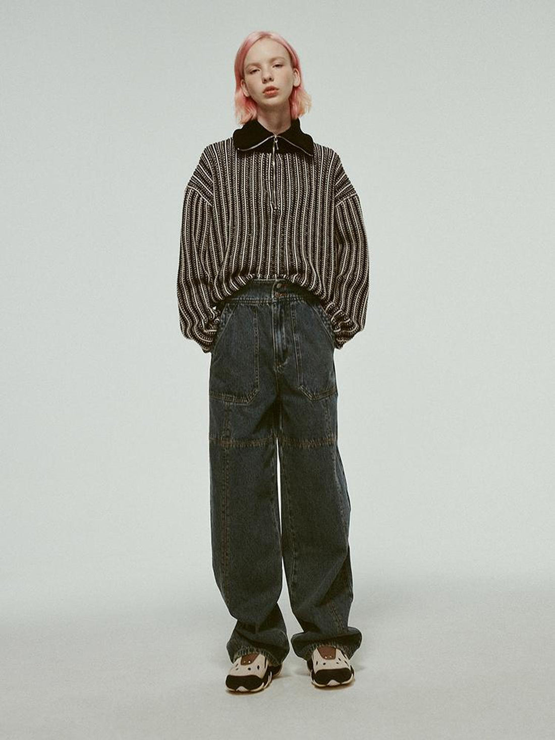 FUSSED Stonewashed Distressed Seam Vintage Blue High Waist Wide Leg Jeans