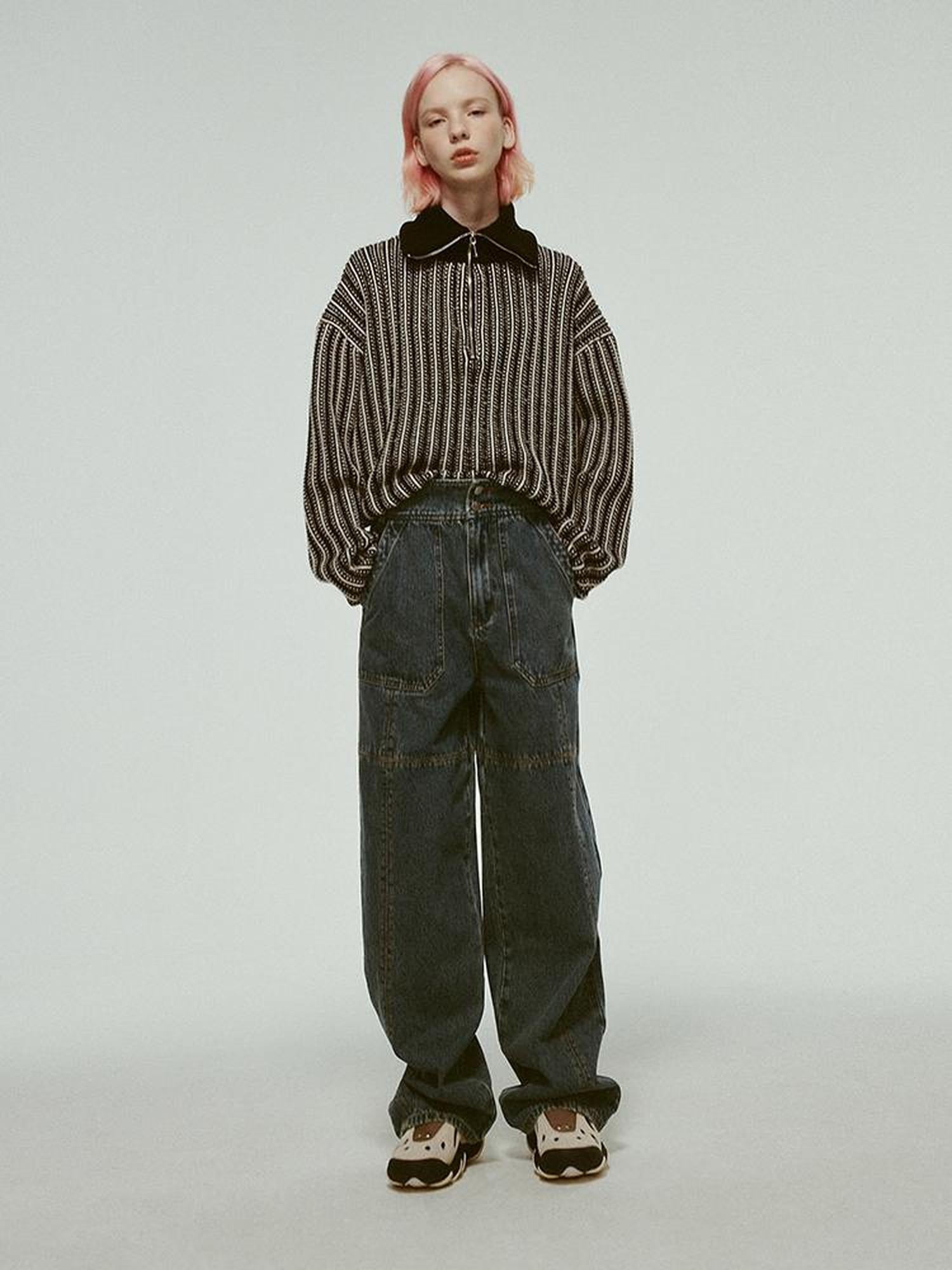 FUSSED Stonewashed Distressed Seam Vintage Blue High Waist Wide Leg Jeans