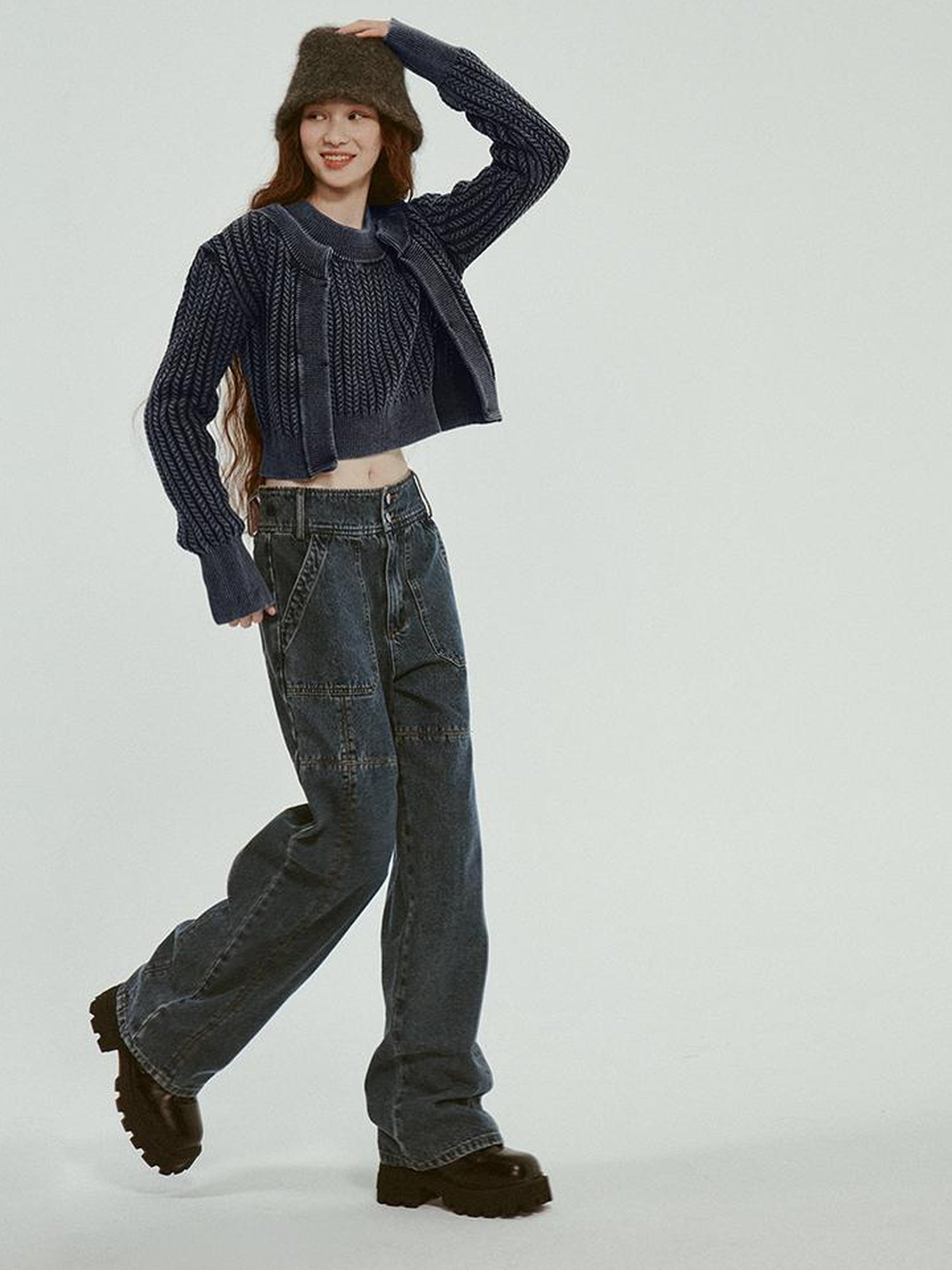FUSSED Stonewashed Distressed Seam Vintage Blue High Waist Wide Leg Jeans