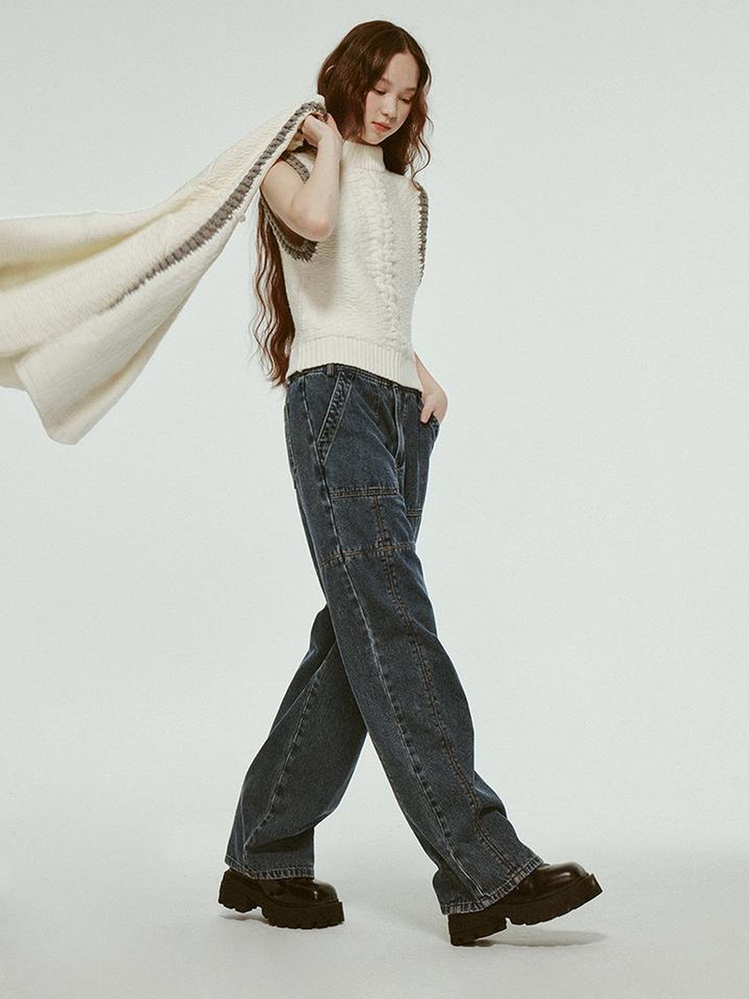 FUSSED Stonewashed Distressed Seam Vintage Blue High Waist Wide Leg Jeans