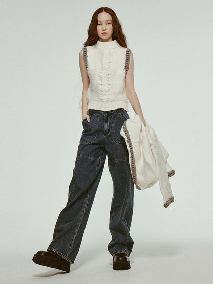 FUSSED Stonewashed Distressed Seam Vintage Blue High Waist Wide Leg Jeans