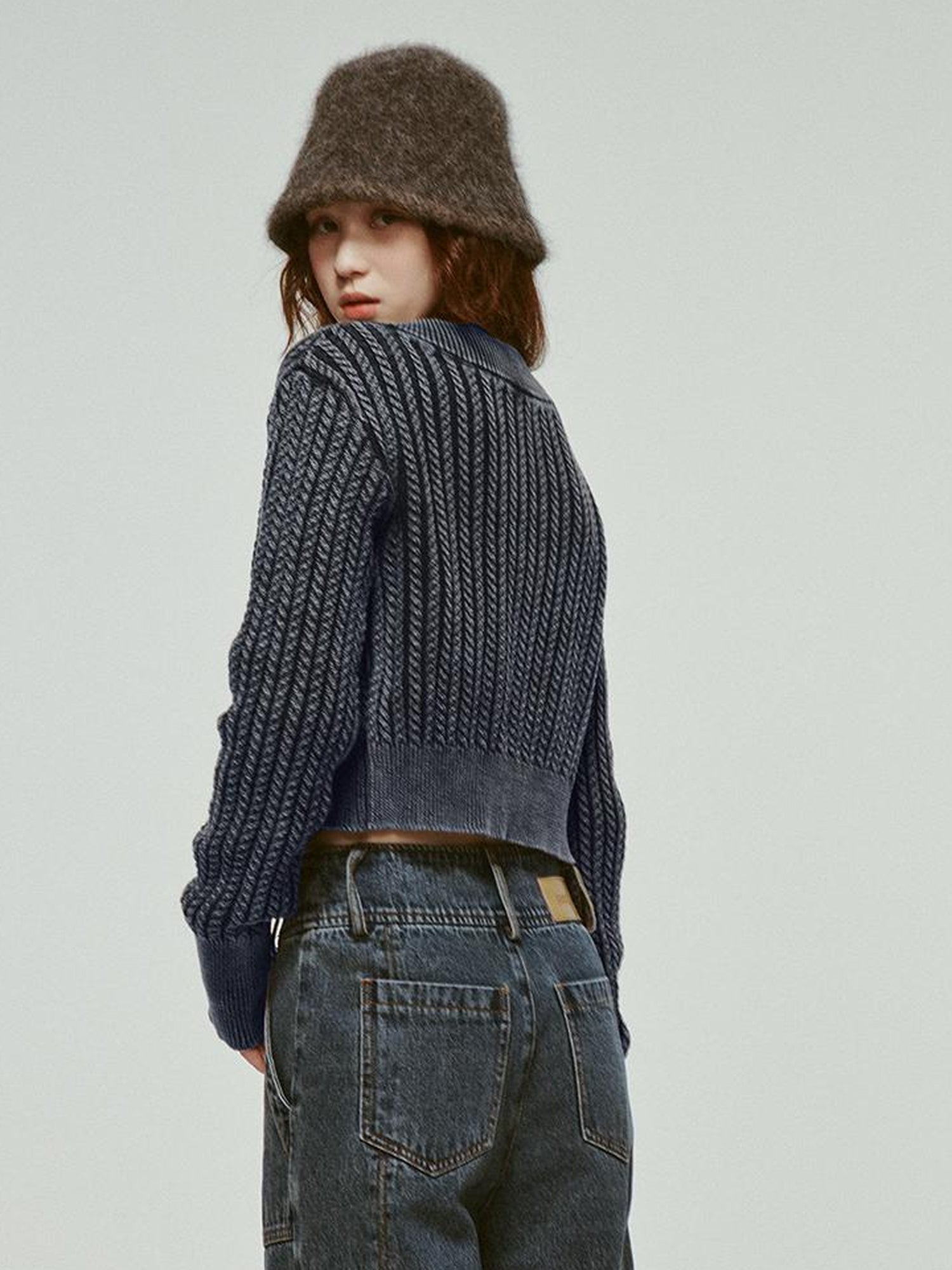 FUSSED Stonewashed Distressed Seam Vintage Blue High Waist Wide Leg Jeans