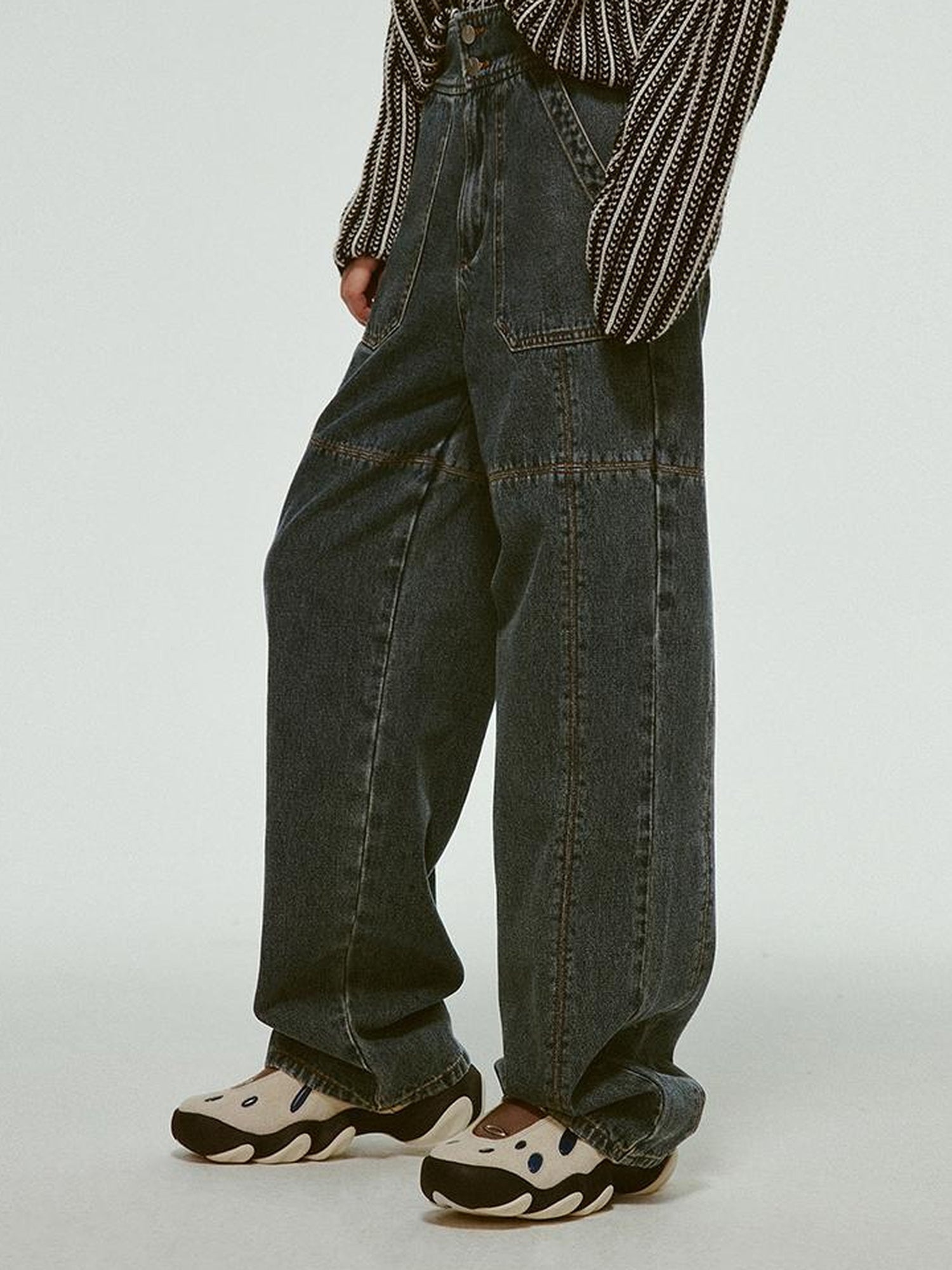 FUSSED Stonewashed Distressed Seam Vintage Blue High Waist Wide Leg Jeans