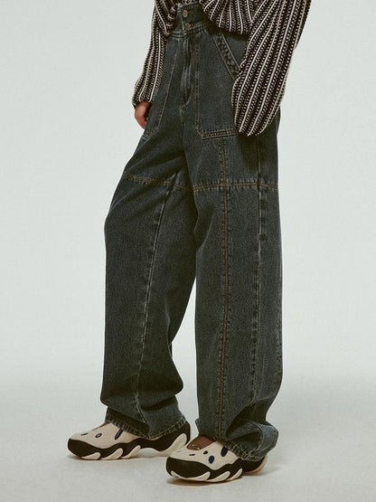 FUSSED Stonewashed Distressed Seam Vintage Blue High Waist Wide Leg Jeans
