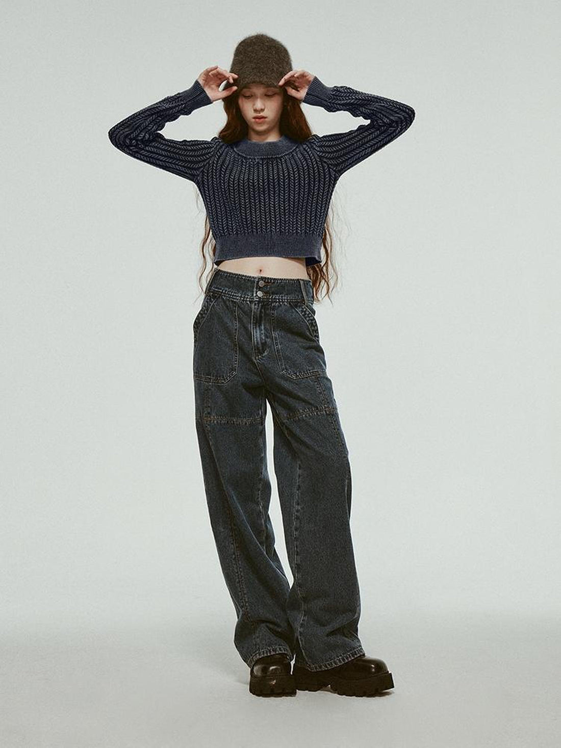 FUSSED Stonewashed Distressed Seam Vintage Blue High Waist Wide Leg Jeans