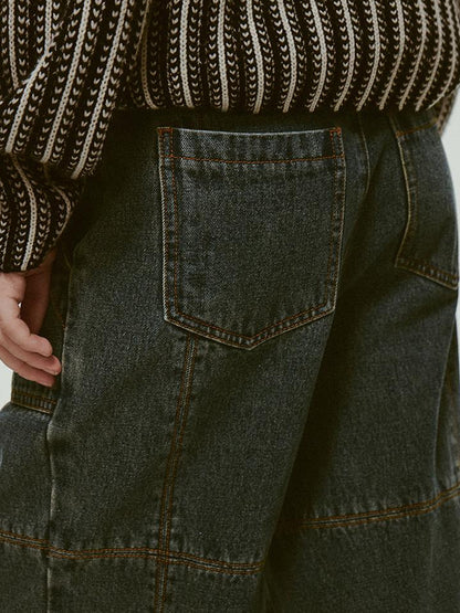 FUSSED Stonewashed Distressed Seam Vintage Blue High Waist Wide Leg Jeans