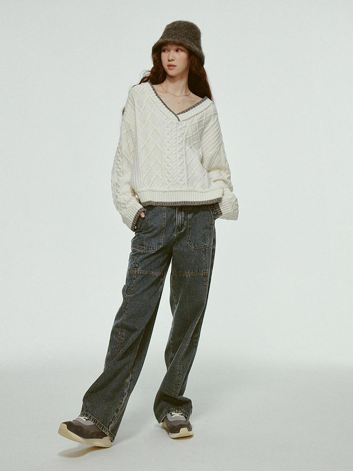 FUSSED Stonewashed Distressed Seam Vintage Blue High Waist Wide Leg Jeans