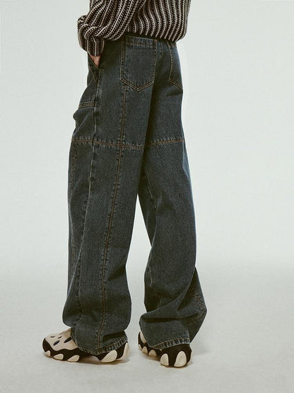 FUSSED Stonewashed Distressed Seam Vintage Blue High Waist Wide Leg Jeans