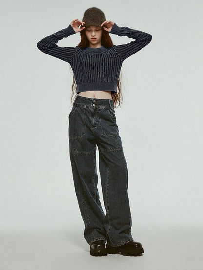 FUSSED Stonewashed Distressed Seam Vintage Blue High Waist Wide Leg Jeans