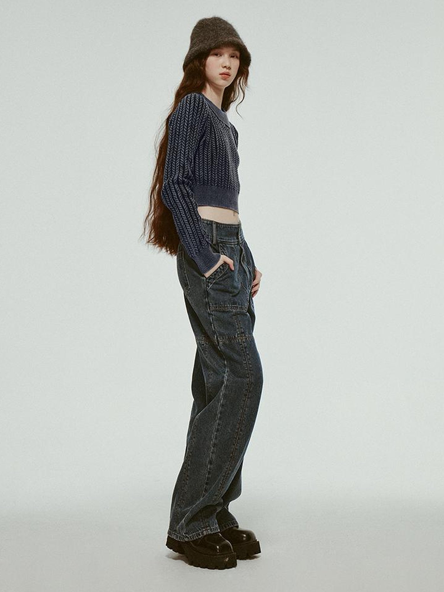 FUSSED Stonewashed Distressed Seam Vintage Blue High Waist Wide Leg Jeans