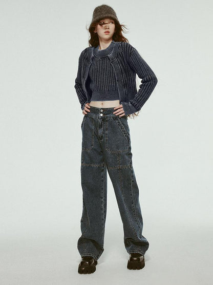 FUSSED Stonewashed Distressed Seam Vintage Blue High Waist Wide Leg Jeans