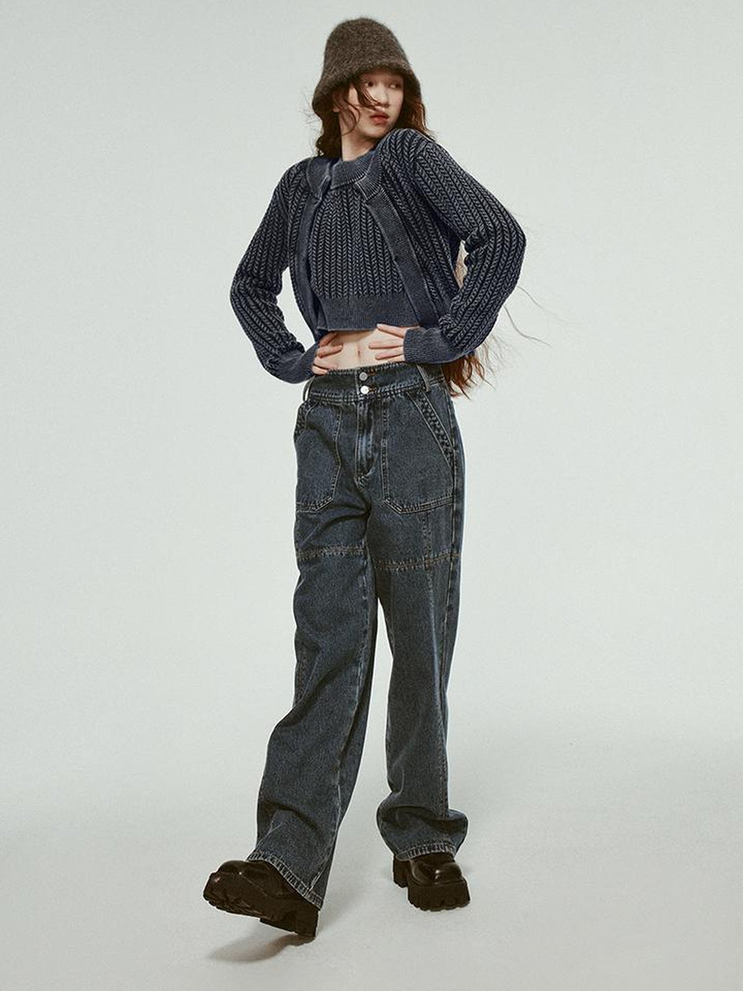 FUSSED Stonewashed Distressed Seam Vintage Blue High Waist Wide Leg Jeans