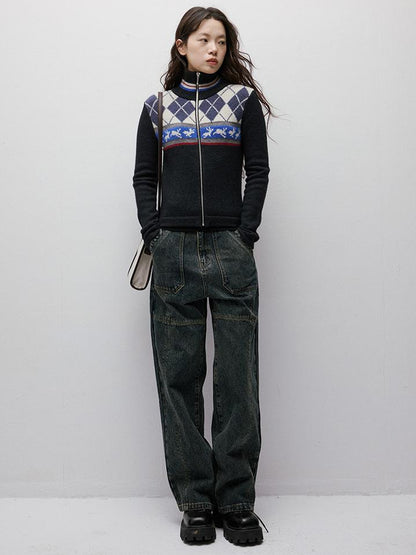 FUSSED Stonewashed Distressed Seam Vintage Blue Wide Leg Jeans
