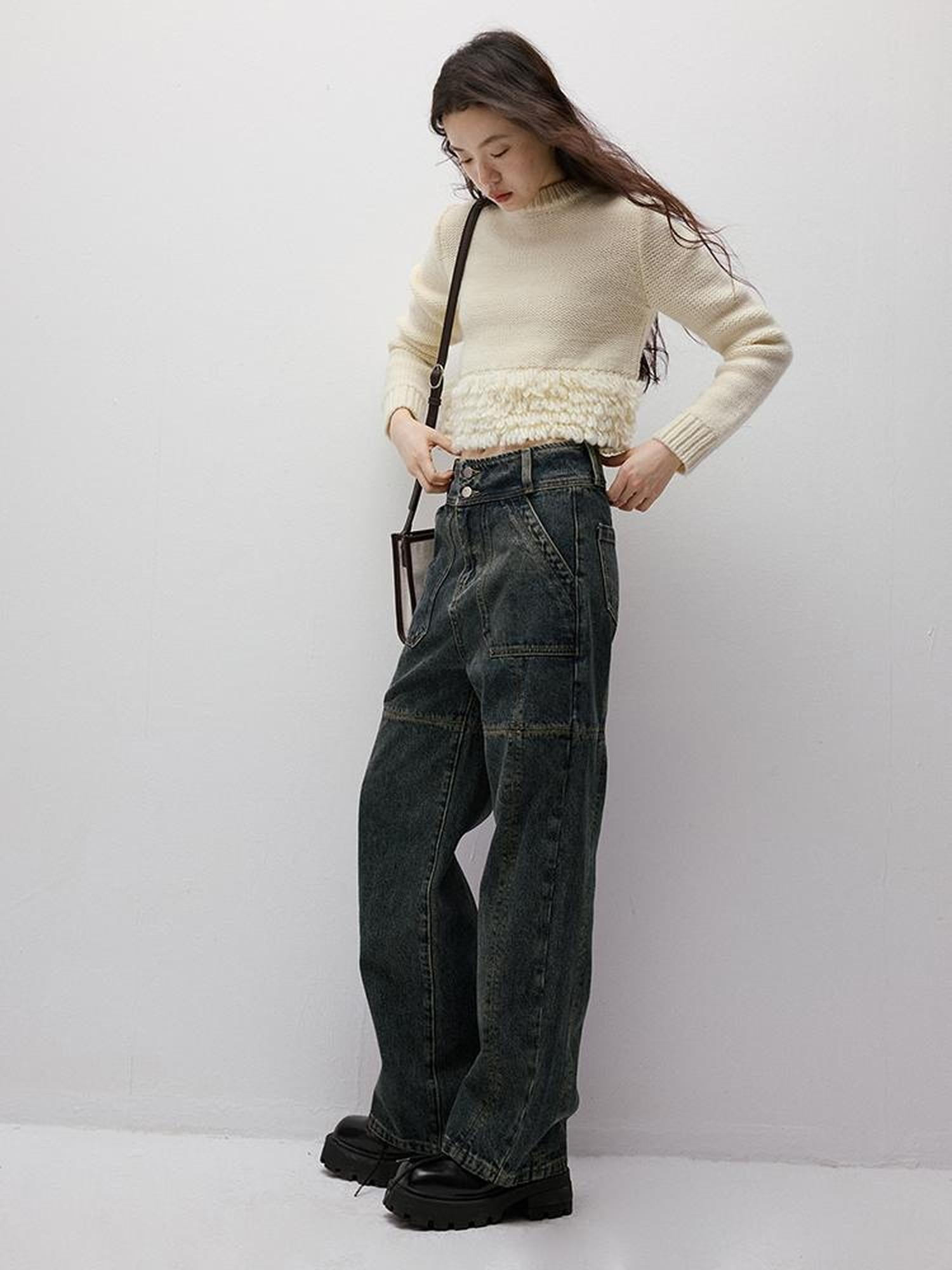 FUSSED Stonewashed Distressed Seam Vintage Blue Wide Leg Jeans