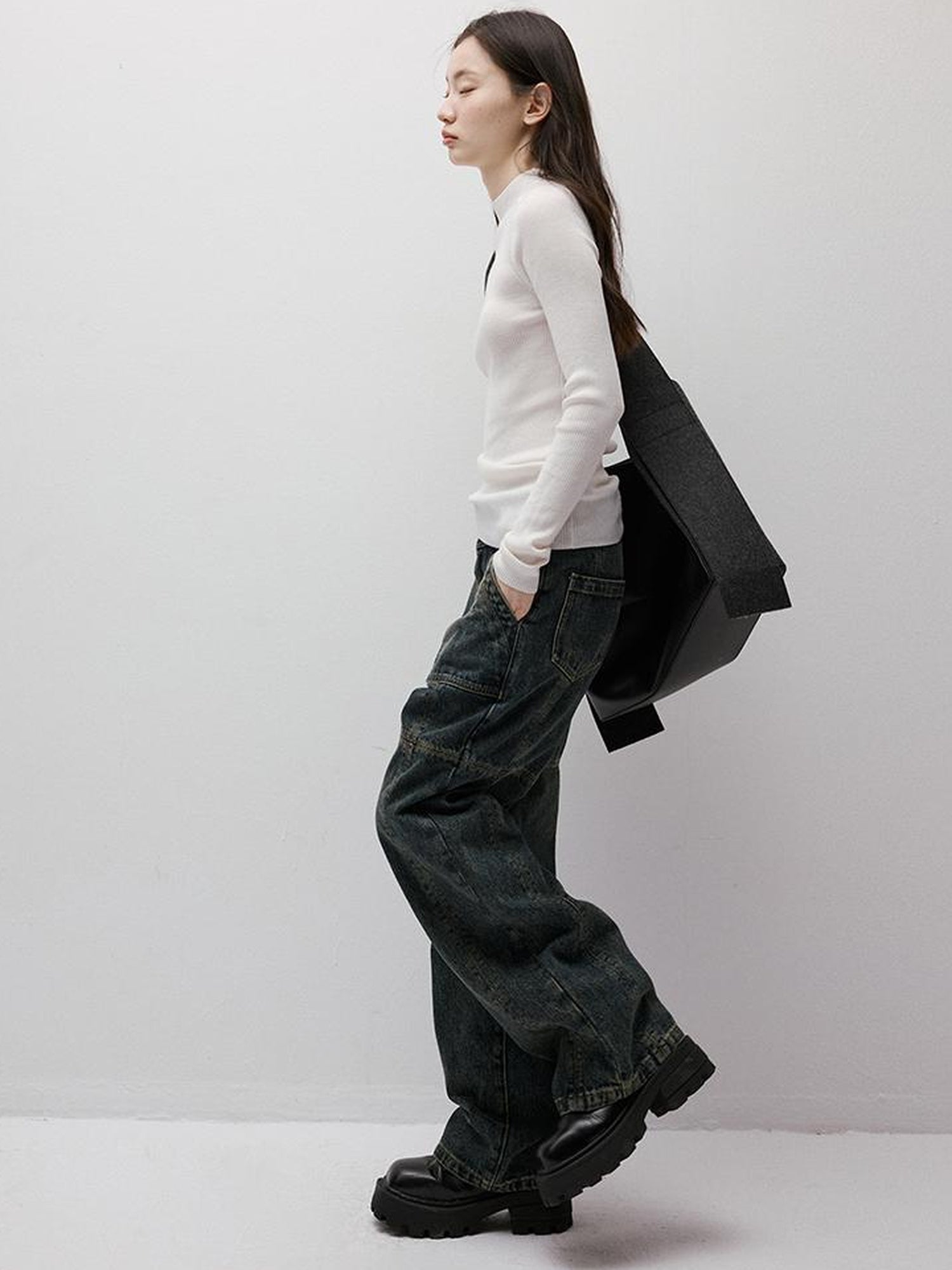 FUSSED Stonewashed Distressed Seam Vintage Blue Wide Leg Jeans