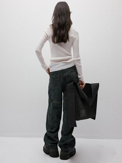 FUSSED Stonewashed Distressed Seam Vintage Blue Wide Leg Jeans
