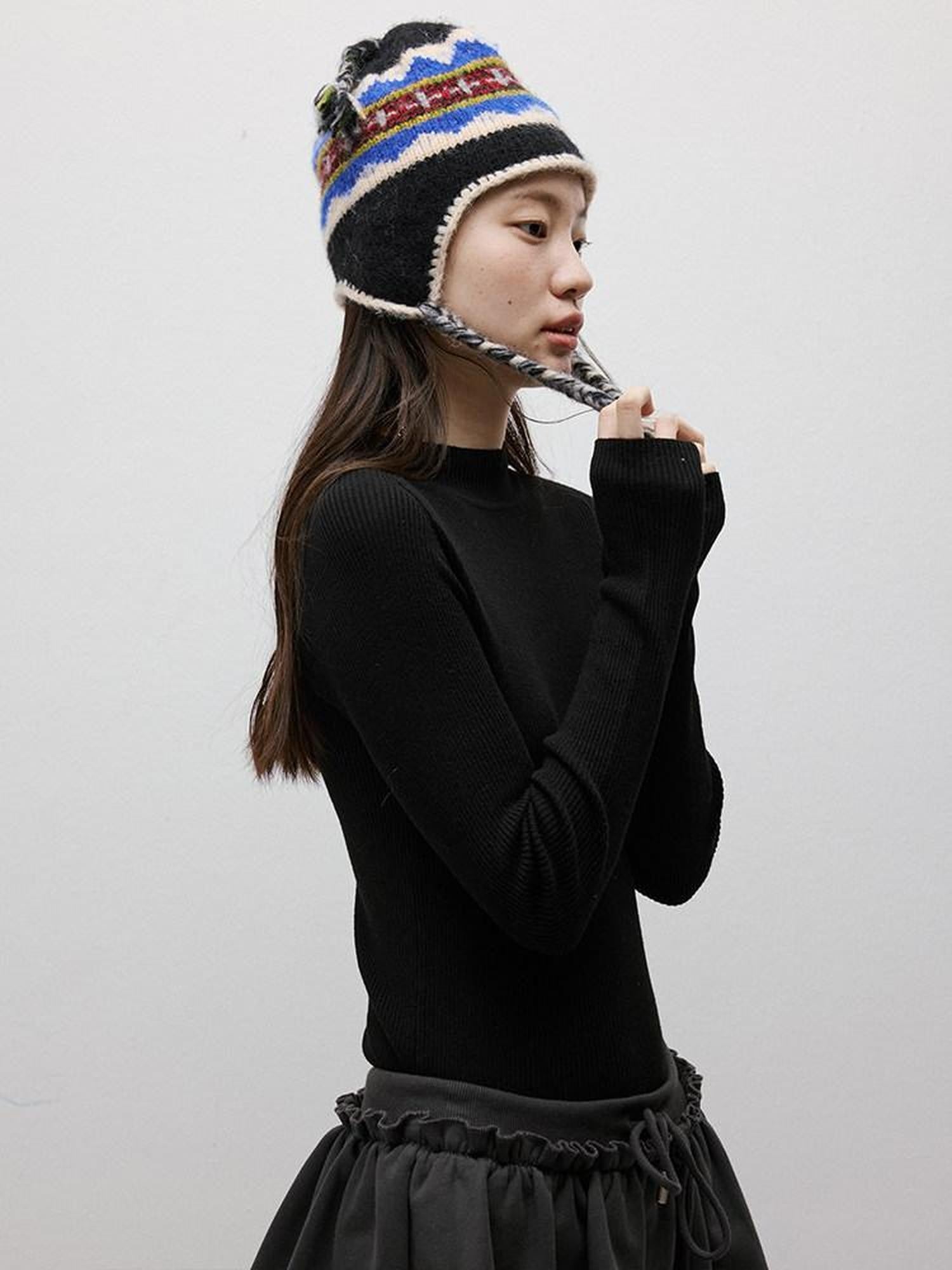 FUSSED Striped Multicolor Partial Jacquard Crochet Braided Earflap Women&