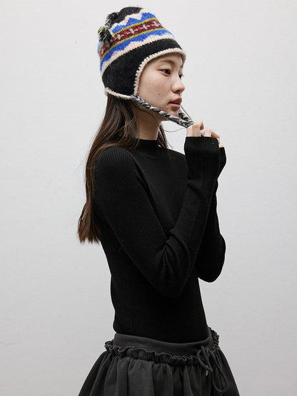 FUSSED Striped Multicolor Partial Jacquard Crochet Braided Earflap Women&