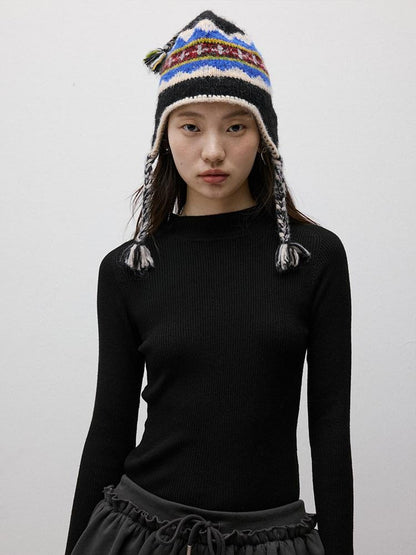 FUSSED Striped Multicolor Partial Jacquard Crochet Braided Earflap Women&