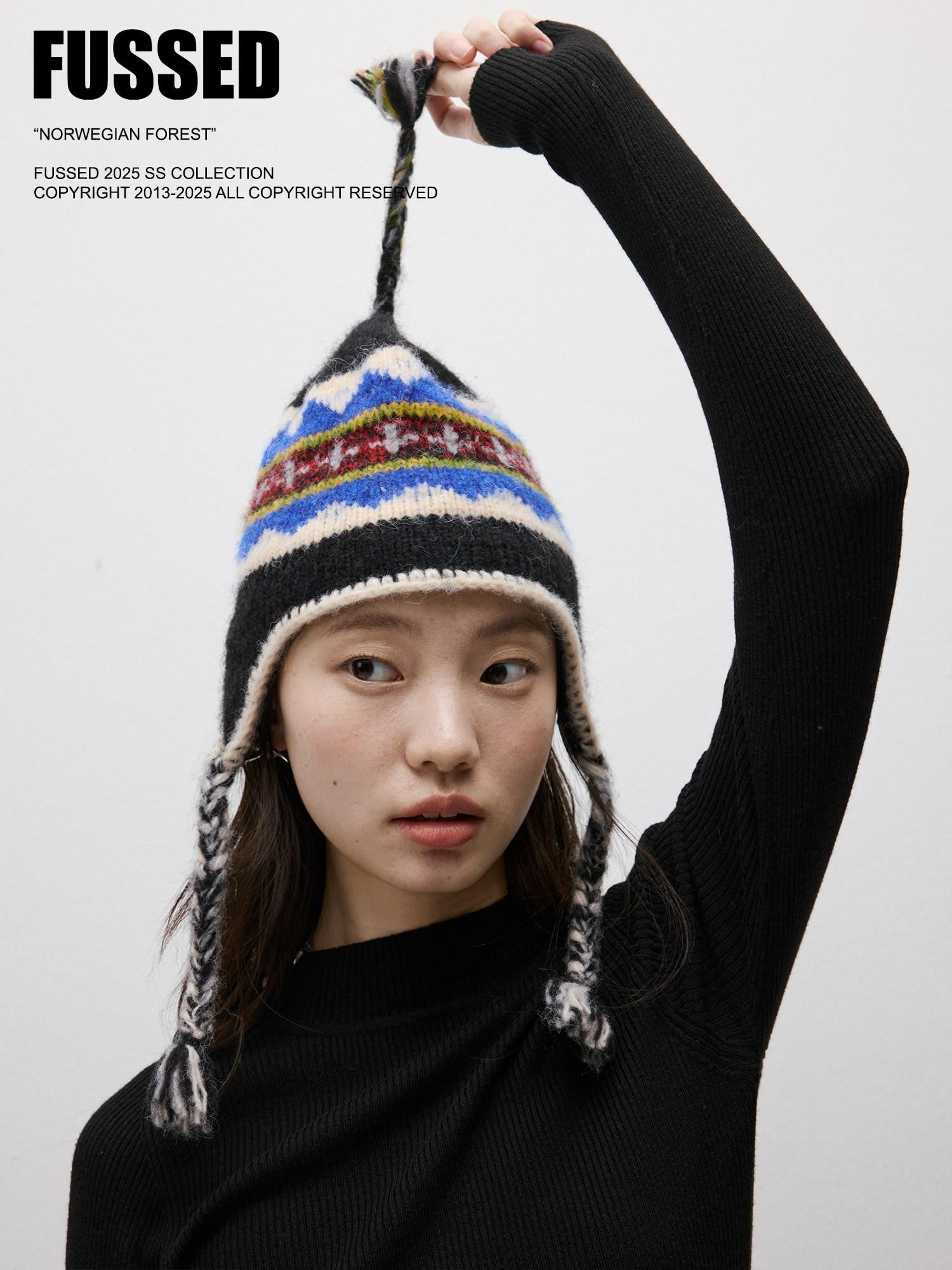 FUSSED Striped Multicolor Partial Jacquard Crochet Braided Earflap Women&