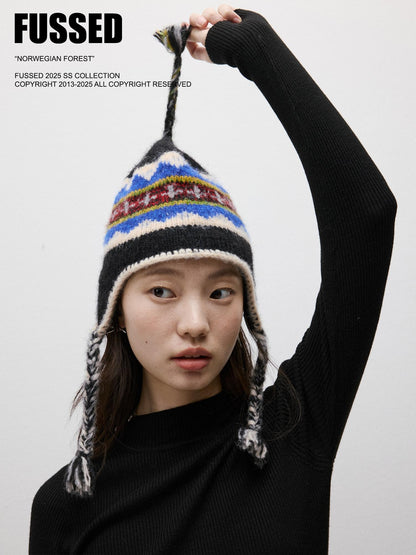 FUSSED Striped Multicolor Partial Jacquard Crochet Braided Earflap Women&