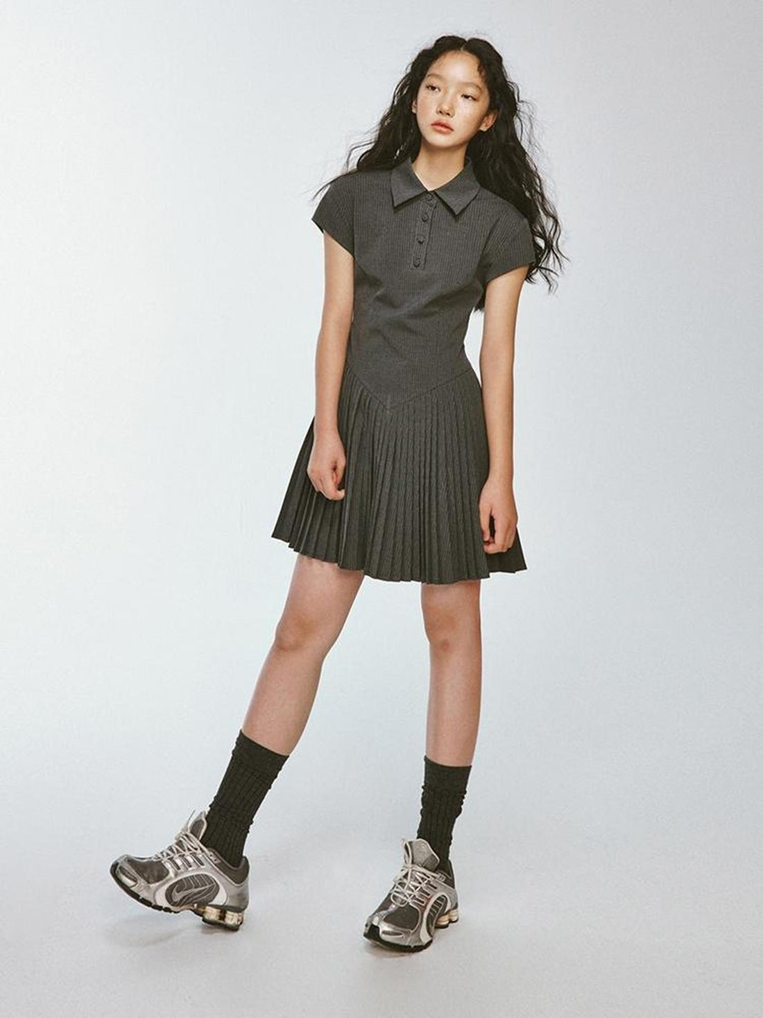 FUSSED Striped Polo Collar Dress With Pleated Detail