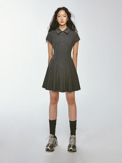 FUSSED Striped Polo Collar Dress With Pleated Detail