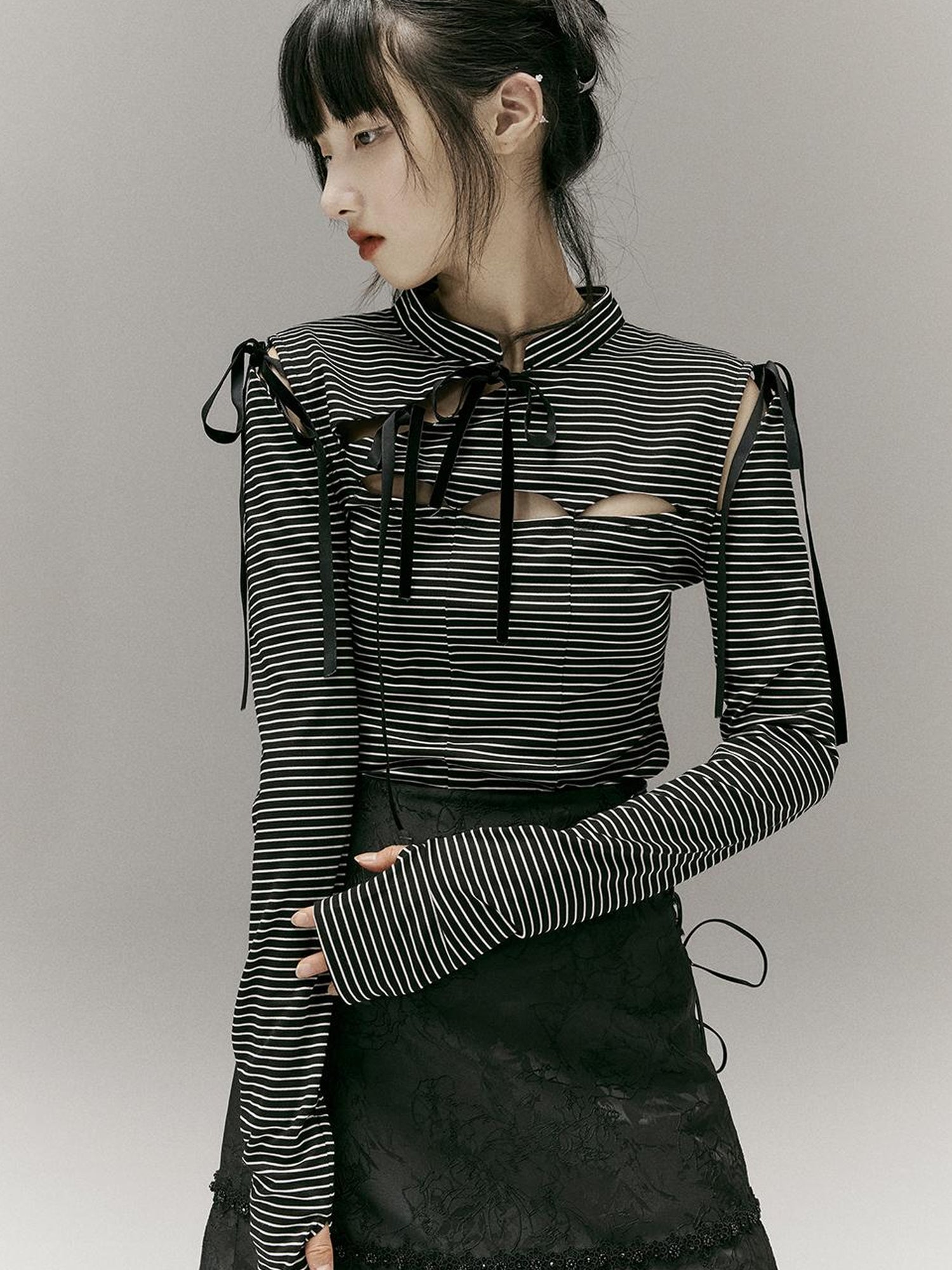 FUSSED Stripped Split Top With Qipao Collar And Cut Out Detail