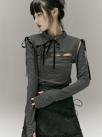 Stripped Split Top With Qipao Collar And Cut Out Detail