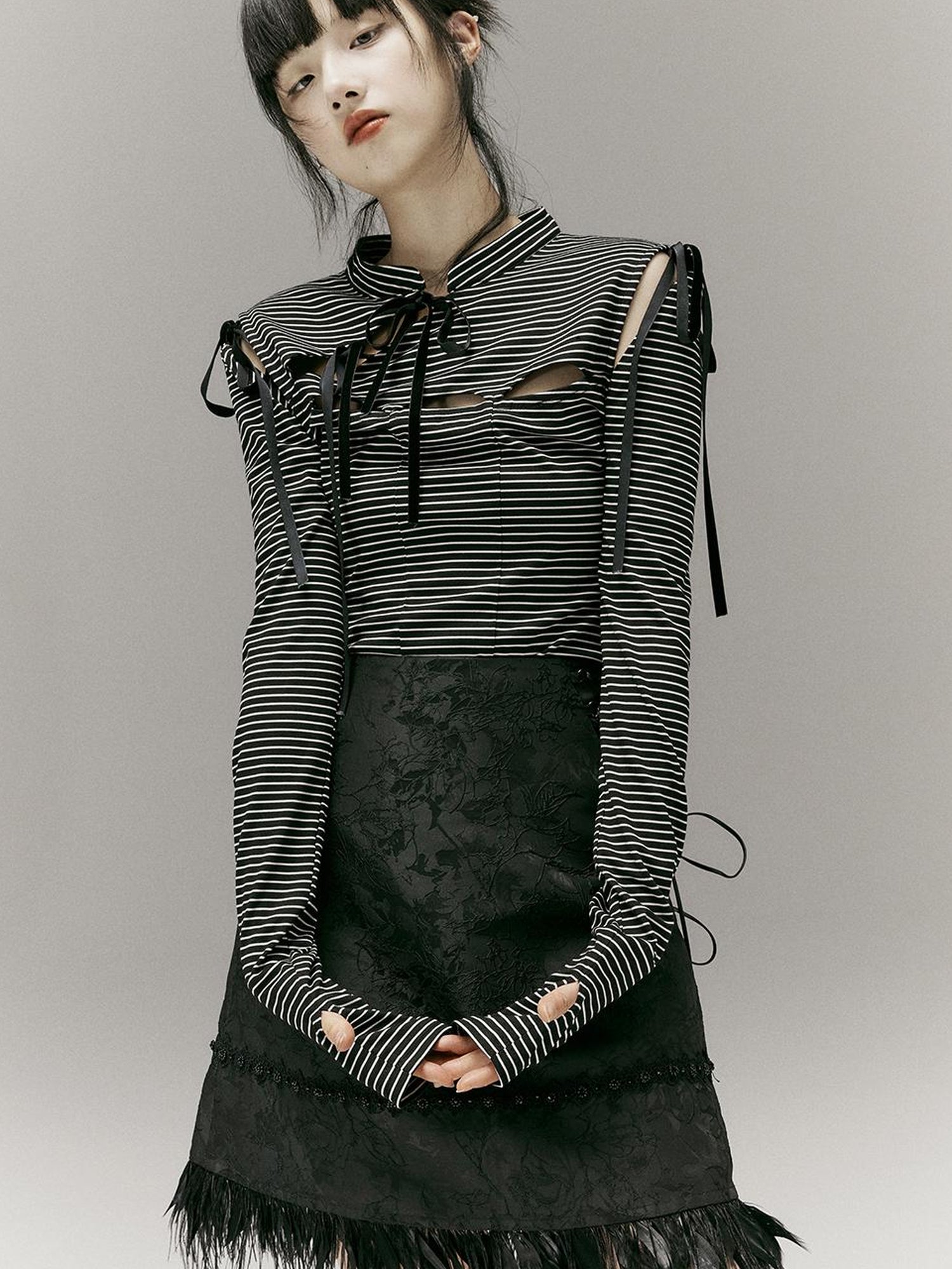 FUSSED Stripped Split Top With Qipao Collar And Cut Out Detail