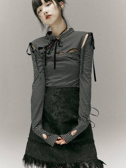 Stripped Split Top With Qipao Collar And Cut Out Detail
