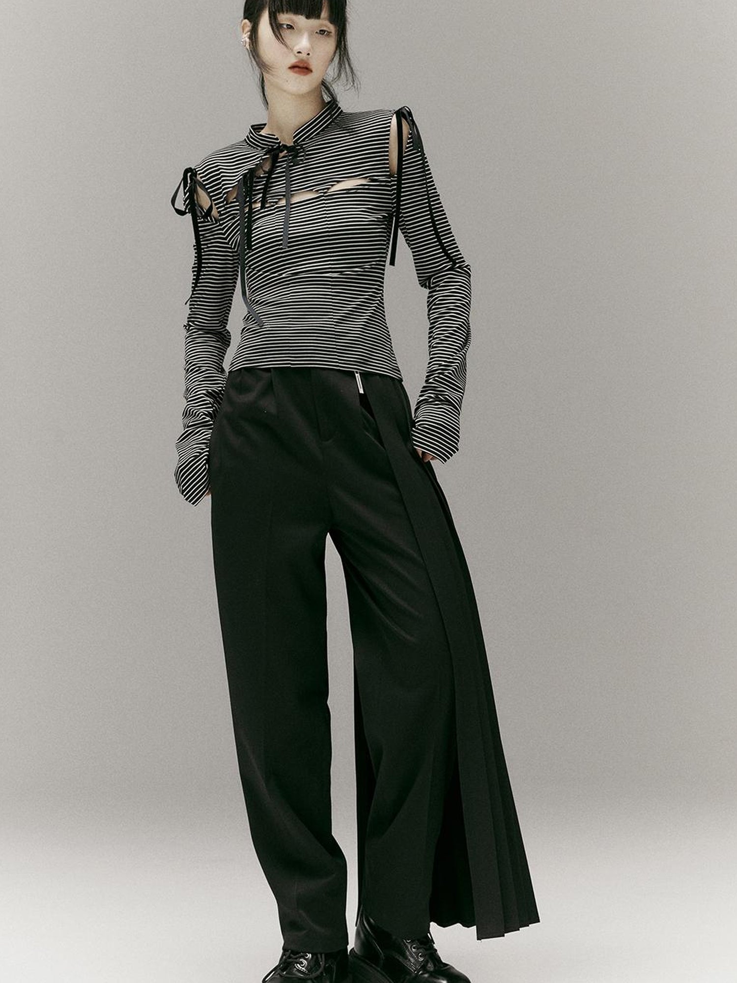 FUSSED Stripped Split Top With Qipao Collar And Cut Out Detail