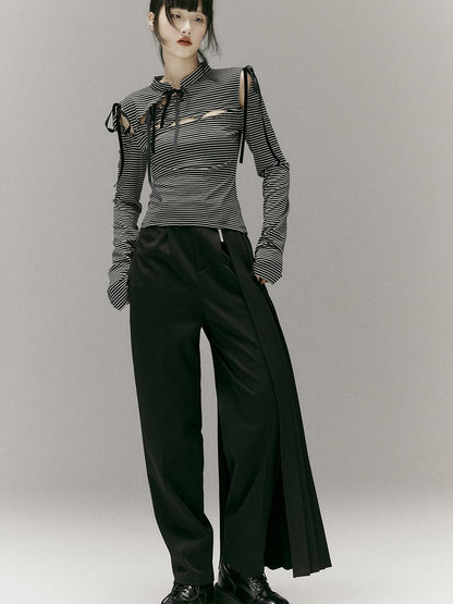 FUSSED Stripped Split Top With Qipao Collar And Cut Out Detail