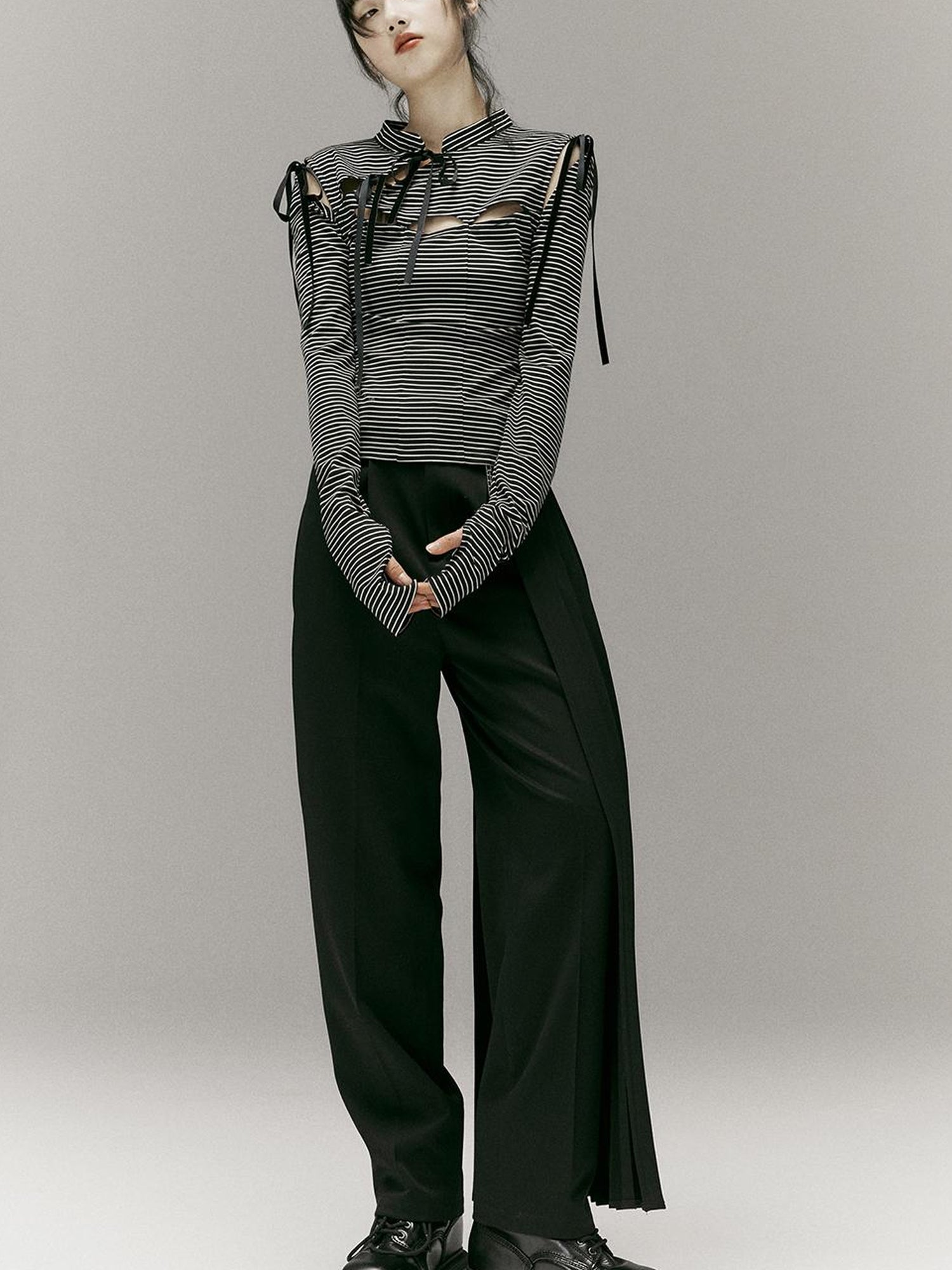 FUSSED Stripped Split Top With Qipao Collar And Cut Out Detail