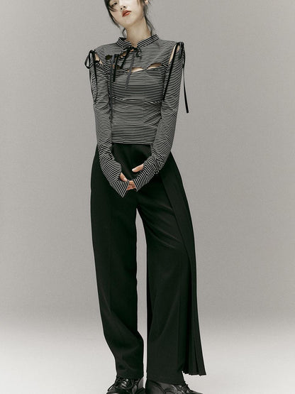 FUSSED Stripped Split Top With Qipao Collar And Cut Out Detail