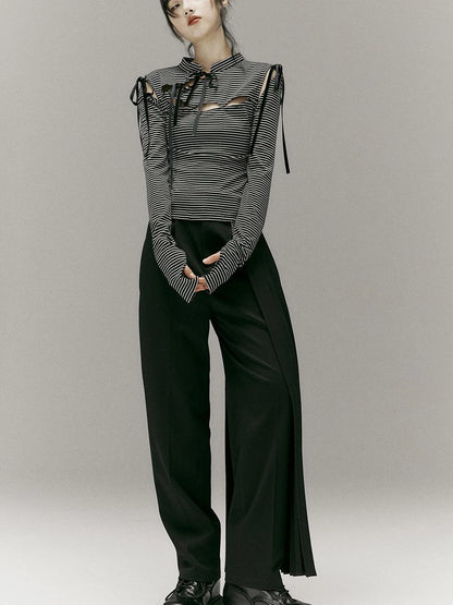 Stripped Split Top With Qipao Collar And Cut Out Detail