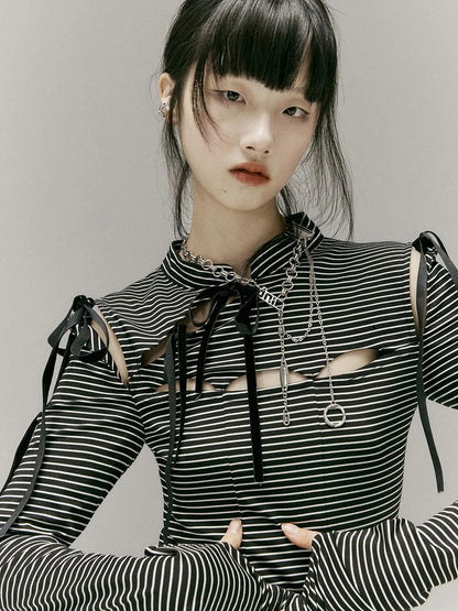 Stripped Split Top With Qipao Collar And Cut Out Detail