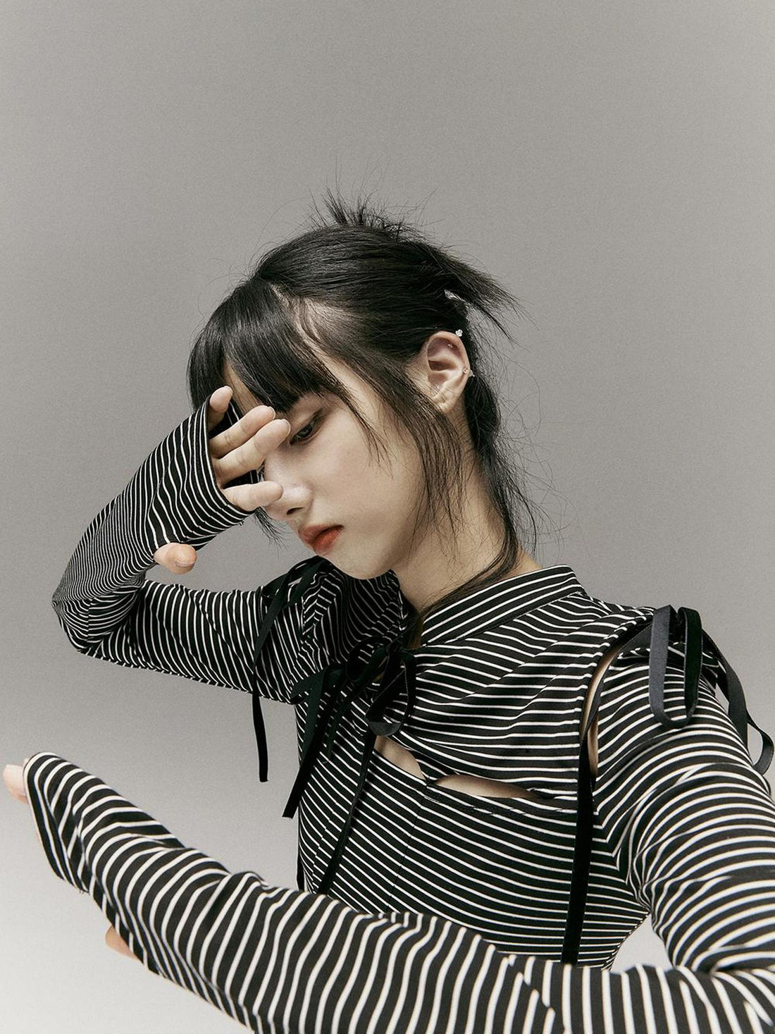 FUSSED Stripped Split Top With Qipao Collar And Cut Out Detail