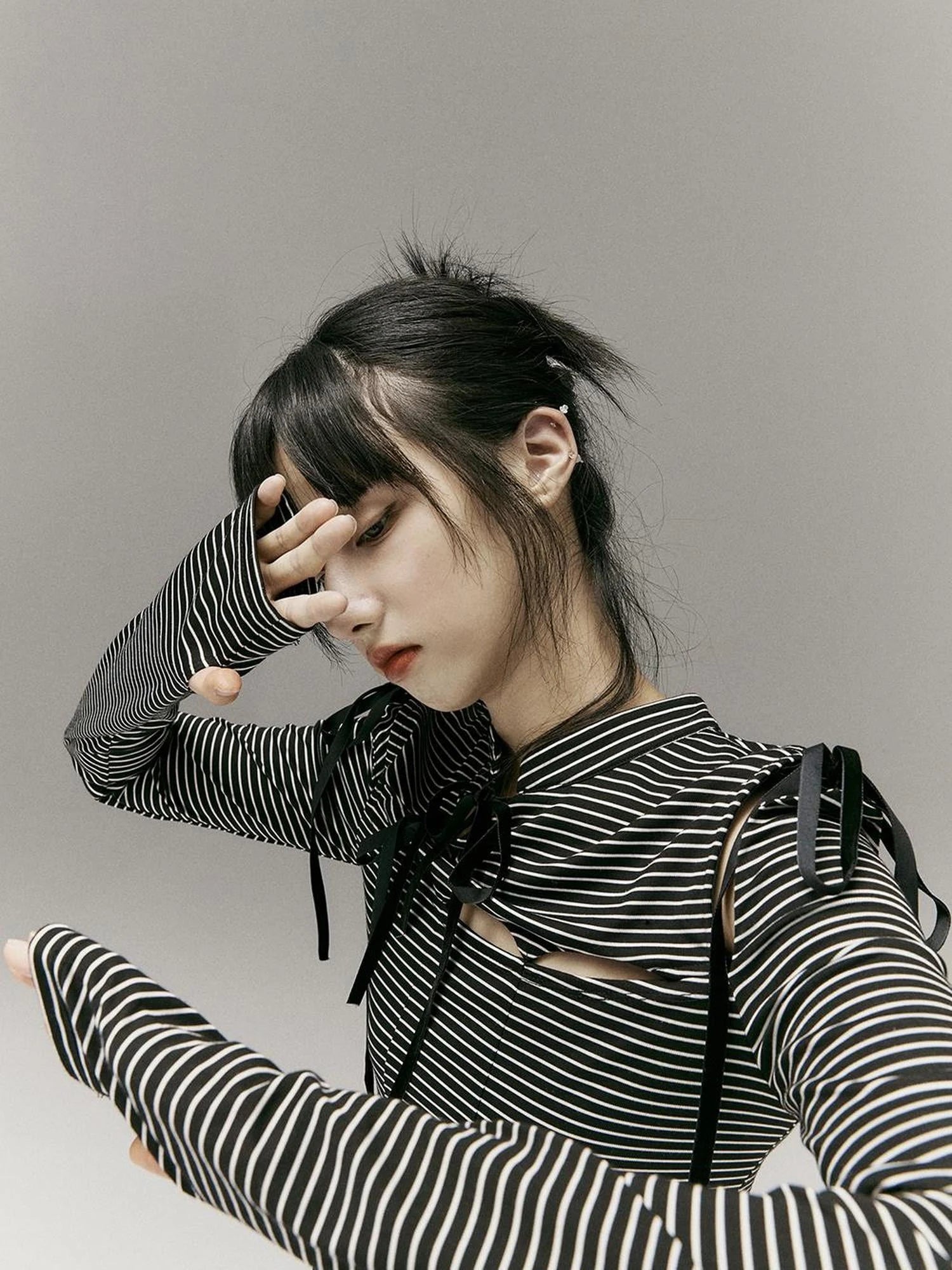 Stripped Split Top With Qipao Collar And Cut Out Detail