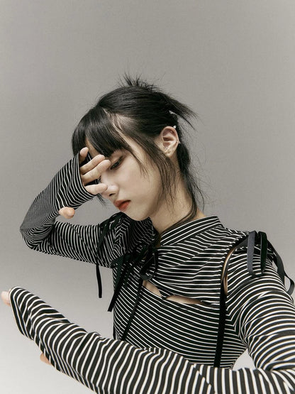 Stripped Split Top With Qipao Collar And Cut Out Detail