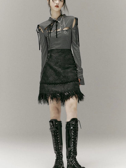 Stripped Split Top With Qipao Collar And Cut Out Detail