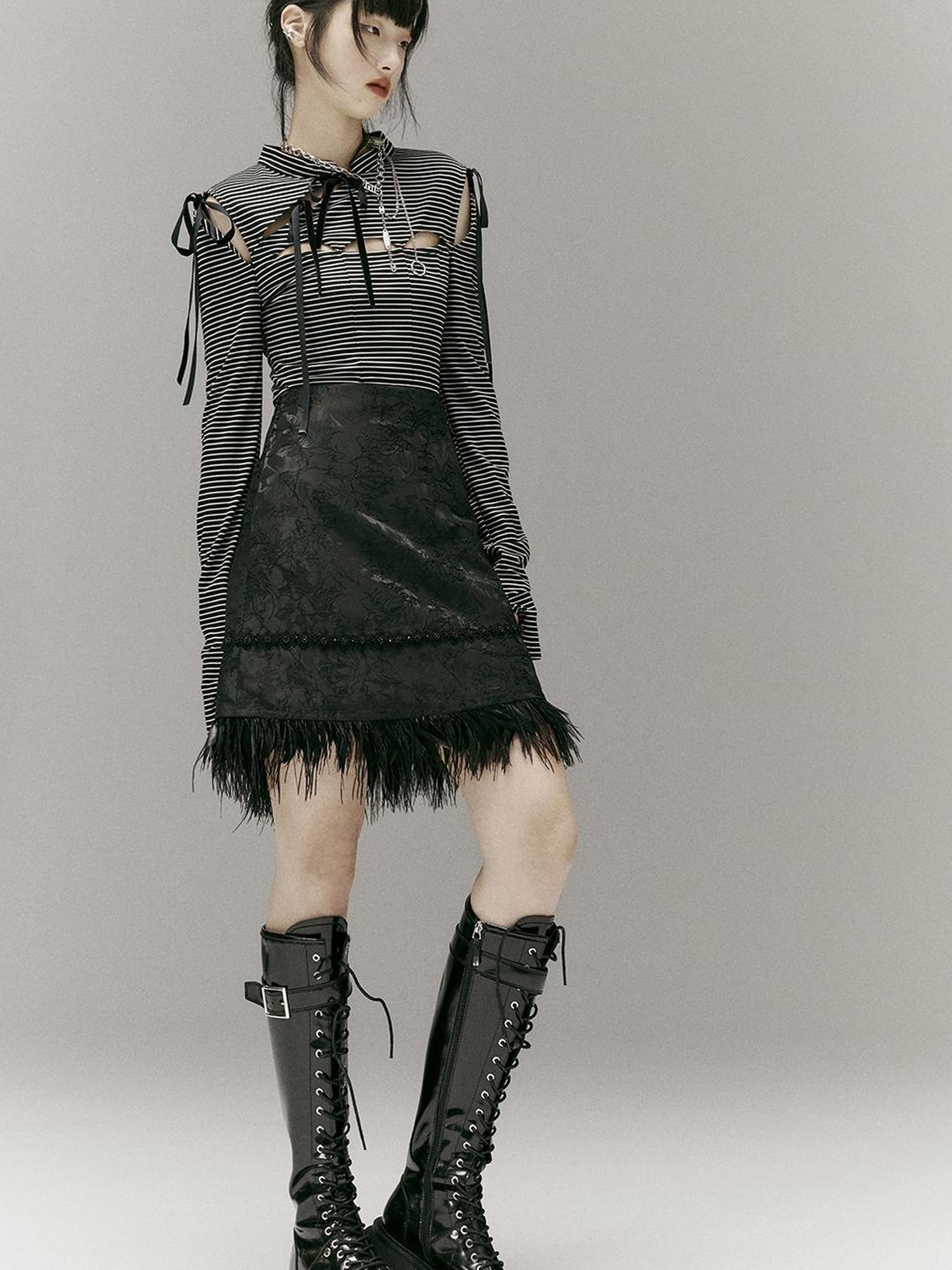 FUSSED Stripped Split Top With Qipao Collar And Cut Out Detail
