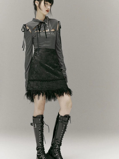 Stripped Split Top With Qipao Collar And Cut Out Detail