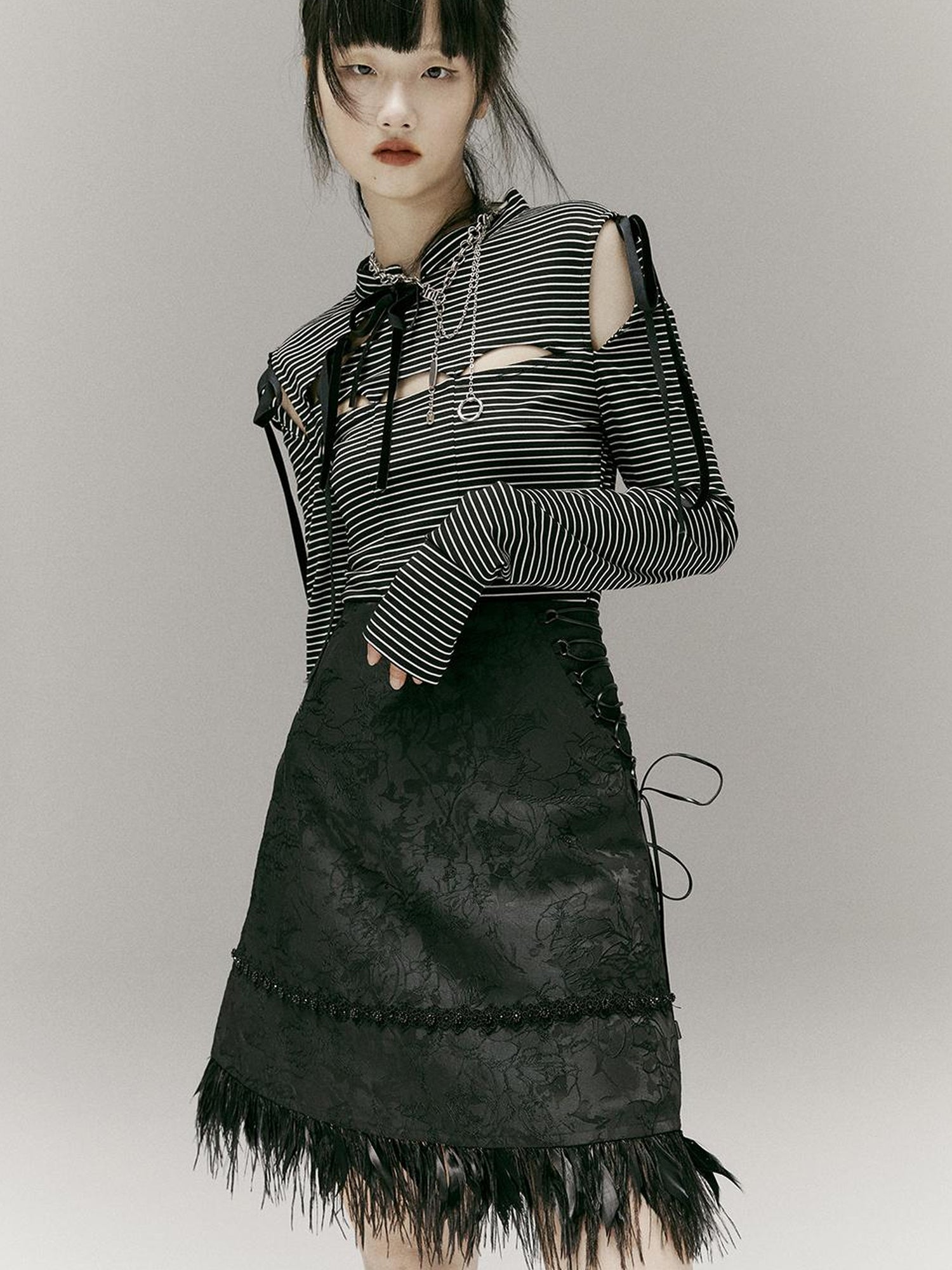FUSSED Stripped Split Top With Qipao Collar And Cut Out Detail