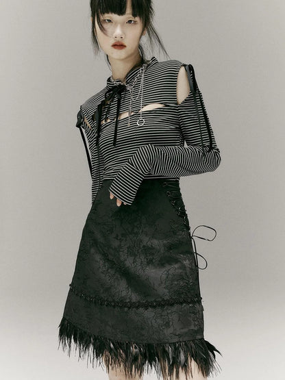 Stripped Split Top With Qipao Collar And Cut Out Detail